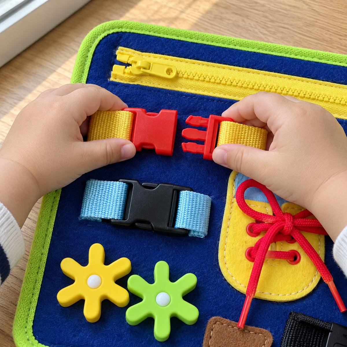 Child's hands practicing with a buckle